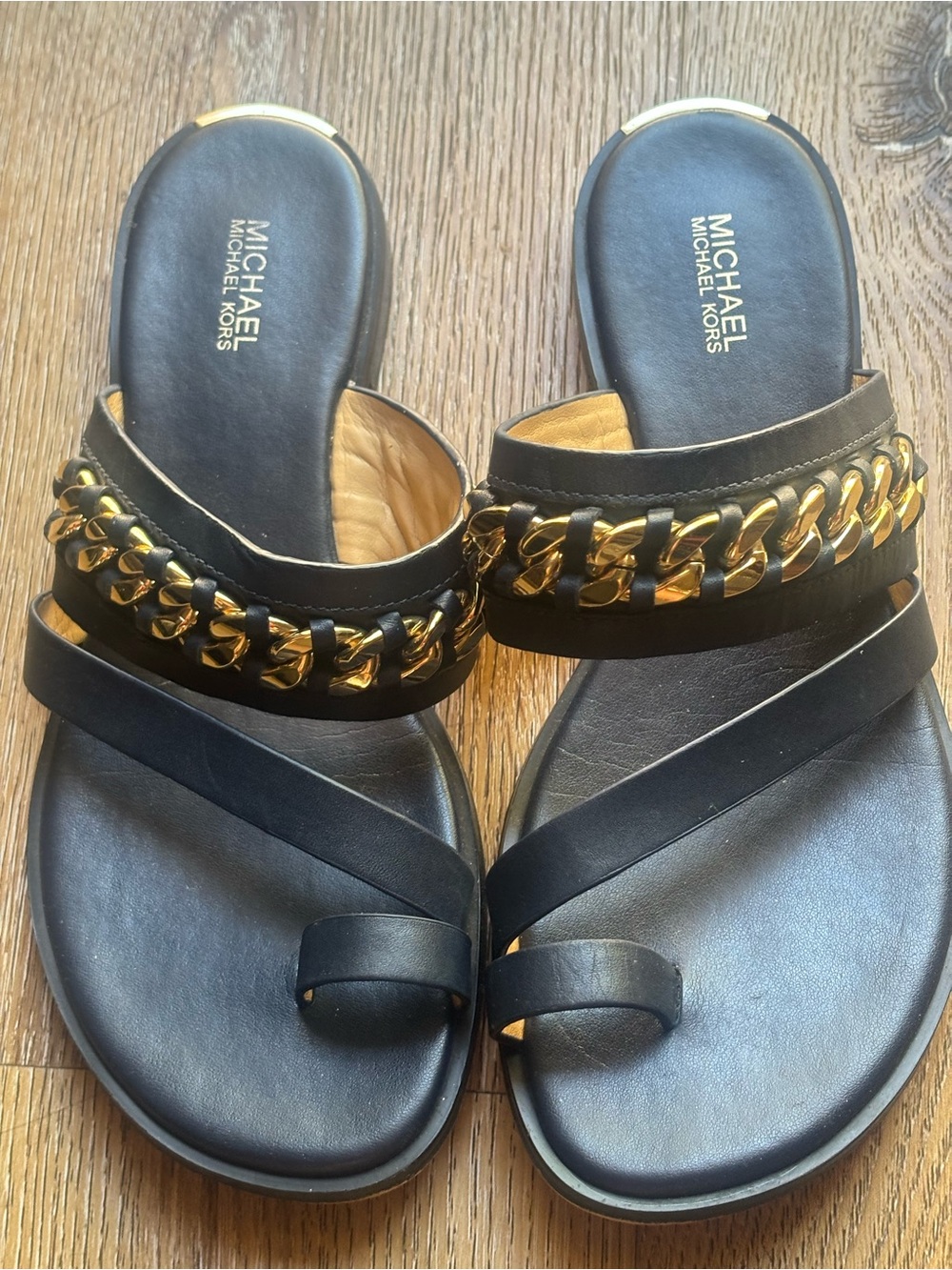 MICHAEL Michael Kors Dark Navy Blue Leather Slide Sandals with Gold Chain